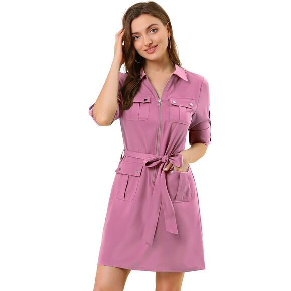 Allegra K Dresses & Skirts - Roll Up Sleeves Multi-Pocket Safari Belted Collared Shirt Dress Purple Plum